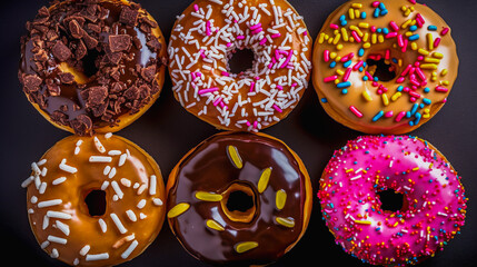 Assortment of colorful decorated donuts in a box. - 787774020