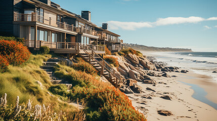 Seaside houses with wooden decks and stairways among coastal dune flora. - 787774201