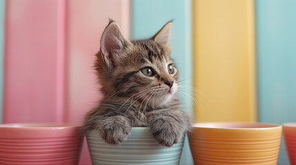 Kitten Sitting in Cup With Paws on Rim