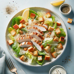 Classic Caesar salad with grilled chicken, croutons, and parmesan shavings. - 787774433