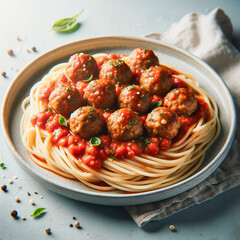 Spaghetti with meatballs in tomato sauce garnished with herbs on a plate... - 787774483