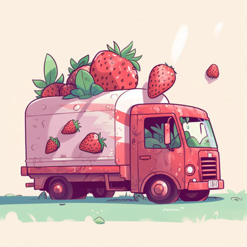 asthetic cartoon pic of strawberry truck