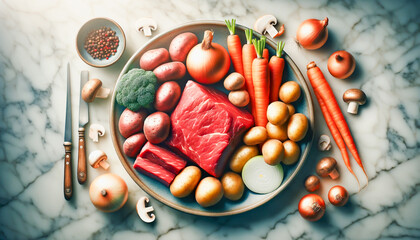 Overhead view of fresh vegetables and beef on a plate, ready for cooking, laid out on a marble countertop - Powered by Adobe