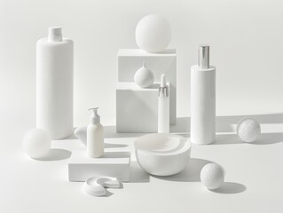 Minimalist Beauty Product Display on Pristine White Background with Geometric Shapes