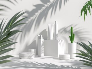 Beauty and Skincare Products on White Display with Tropical Plant Shadows