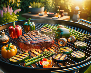 Barbecue grill outdoors, with a sizzling steak and a variety of vegetables and mushrooms - 787775239