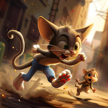 asthetic cartoon pic of tom running after jerry with a saucpan in his hand