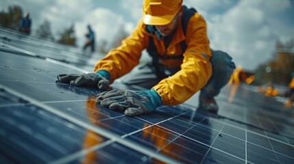 High-quality photograph presenting engineers arranging solar panels in varying shades of blue.