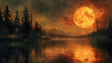 Full Moon Reflecting on Lake - obrazy, fototapety, plakaty