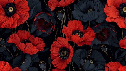 Intricate red poppy pattern on dark background for solemn occasions
