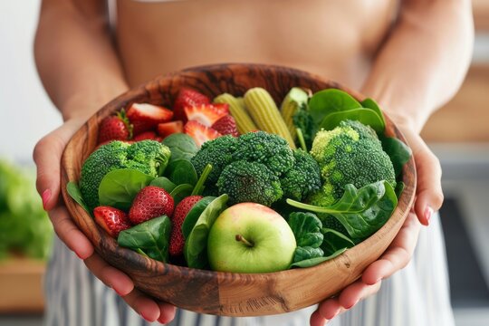 person holding a bowl of fruits and vegetables, healthy food, healthy lifestyle, wellness