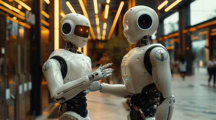 Two Robots Standing in Front of a Building