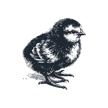 A standing chickling. Black white vector illustration.	