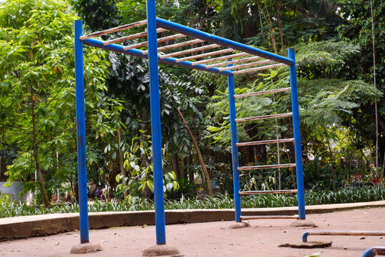 Outdoor sports field. empty colorful monkey bars workout in city park