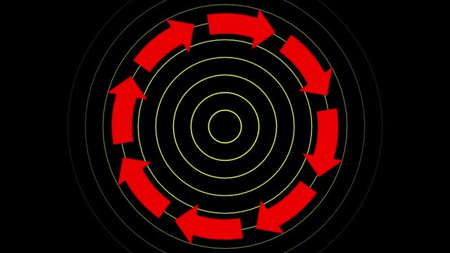 Recycling symbol or rotating cycle with radio waves on black screen. Eight red arrows and radio waves rotating animation