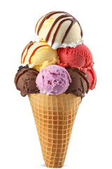 Ice cream with multiple scoops in waffle cone isolated on transparent background 