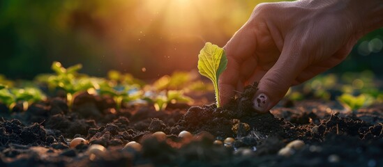 Concept of starting new life with the planting of a seed in soil under sunlight. - obrazy, fototapety, plakaty