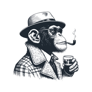 Chimpanzees smoke and drink coffee. Black white vector illustration.	