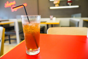 Fresh iced tea with extra basil seeds, Summer drinks concept.