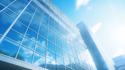 Sleek Elegance: Modern Office Building Against a Blue Sky with Glass Facade

