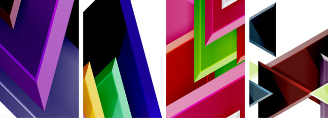 A vibrant display of colorful geometric shapes on a white background, featuring hues like violet, magenta, and electric blue. The patterns and shades create a visually striking piece of art