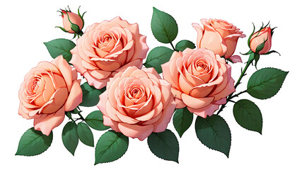 Peach rose Flowers isolated on transparent and white solid background. Anime style illusration. Generative AI