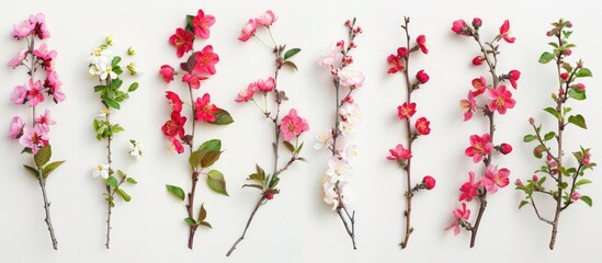 Collection of spring blooms separated against a white backdrop, including blossoms from apple trees, cherry twigs, and forsythia.
