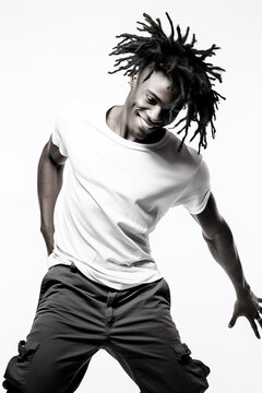A man with dreadlocks is dancing in front of a plain white background.