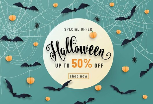 Halloween Sale Banner With Bats Spider Cobweb Pumpkin Lettering Font Text Paper Cut Style