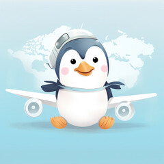 asthetic cute cartoon pic of penguin,plane white back ground