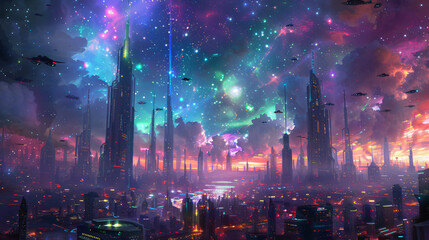 Fototapeta premium Futuristic Night City: Neon Lights, Flying Cars, Skyscrapers