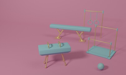 gymnastic sports equipment goat, parallel bars, horizontal bar, balance beam, on a pink isolated background 3 cartoon render