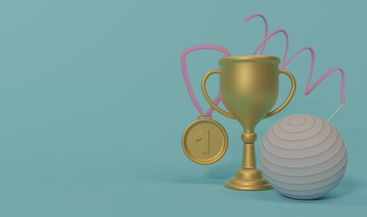 gold cup and medal,ball and gymnastic ribbon on a blue isolated background, 3 d render cartoon