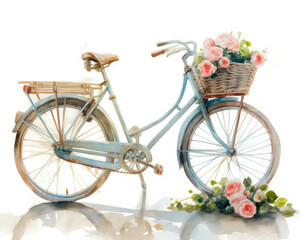 Fototapeta na wymiar Bicycle with basket and flowers. Symbol of France. Watercolour isolated illustration on white background.