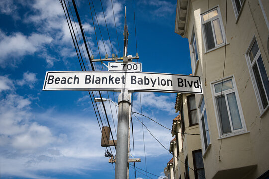 Photo of the Beach Blanket Babylon Blvd. public street sign, commemorating was the world's longest-running musical revue near Club Fugazi, where it ran for years.