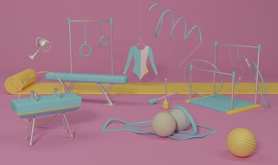 gym with gymnastic equipment pink blue color 3 d render cartoon