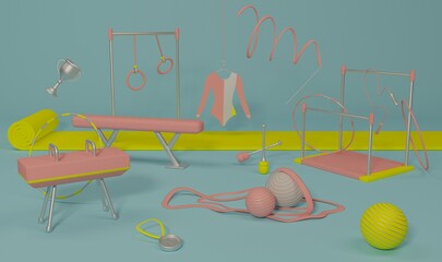 sports and rhythmic gymnastics equipment 3D render cartoons