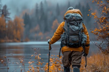 A hiker in a yellow jacket with a large backpack stands in a snowy landscape, contemplating a tranquil forest lake. - Powered by Adobe