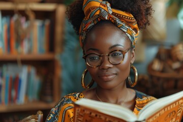 A woman in traditional African attire reads a book intently, surrounded by a cultural ambiance and rich history.