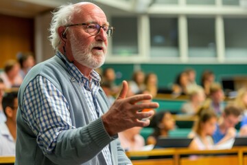 An elderly professor engagingly lectures to a lecture hall filled with students.