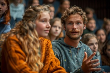 A young man actively engages with his audience during a public speaking event.