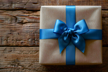 Beige gift box with blue bow on brown wooden background, perfect for special occasions and holidays.