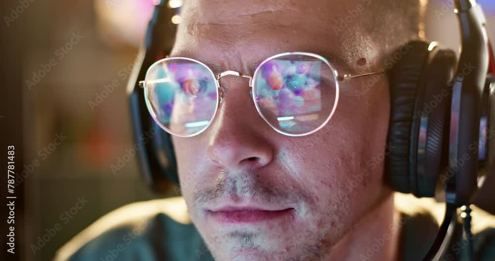 Fototapete Man, glasses and work with reflection of computer, art and online project with creative for design. Gaming, programmer or technology on video game with headphones or night of web app for innovation