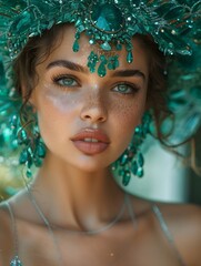 Close-up portrait of a woman adorned with an elaborate green jeweled headdress, showcasing her striking blue eyes and detailed makeup, emerald