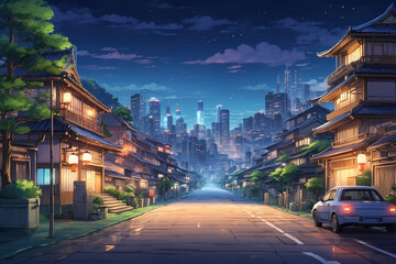 Residential areas on the left and right of the road with Japanese style houses. At night with lights on the side of the road. In anime style