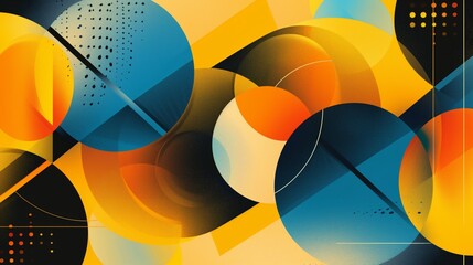 A dynamic composition of intersecting polygons and circles in yellow, orange, and blue, designed with copyspace for customizable elements