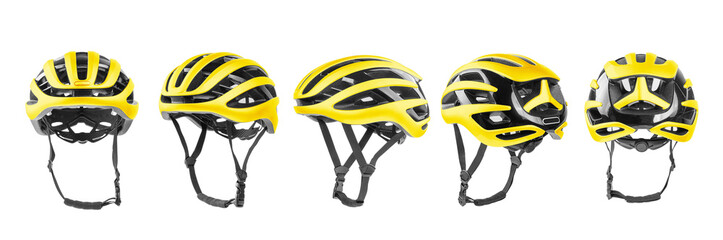 Set of yellow bicycle helmets with side, front and back views. Isolated on white background