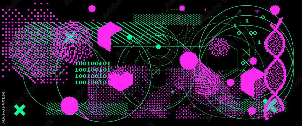 Poster futuristic hi-tech dark damaged screen with glitch noise. grunge abstract vector background.