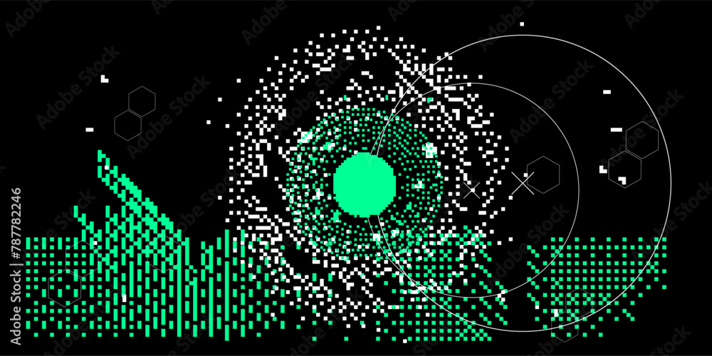 Poster futuristic hi-tech dark damaged screen with glitch noise. grunge abstract vector background.