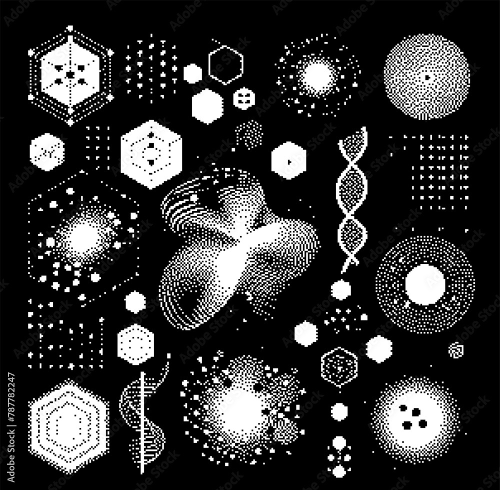 Poster Abstact grunge sci-fi background with geometic pixelated figures and patterns.